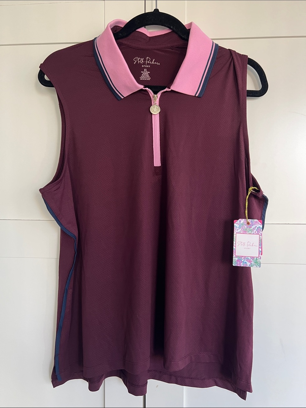 Women's Sleeveless Polo Top - Wine with Pink Collar tennis